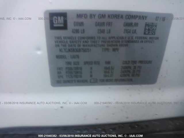 KL7CJKSB3GB750251 - 2016 CHEVROLET TRAX LS WHITE photo 9