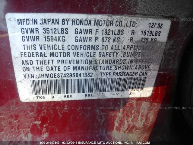 JHMGE87429S041382 - 2009 HONDA FIT SPORT RED photo 9