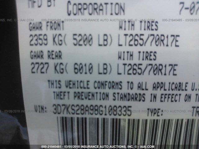 3D7KS28A98G108335 - 2008 DODGE RAM 2500 ST/SLT 黑色 照片 9