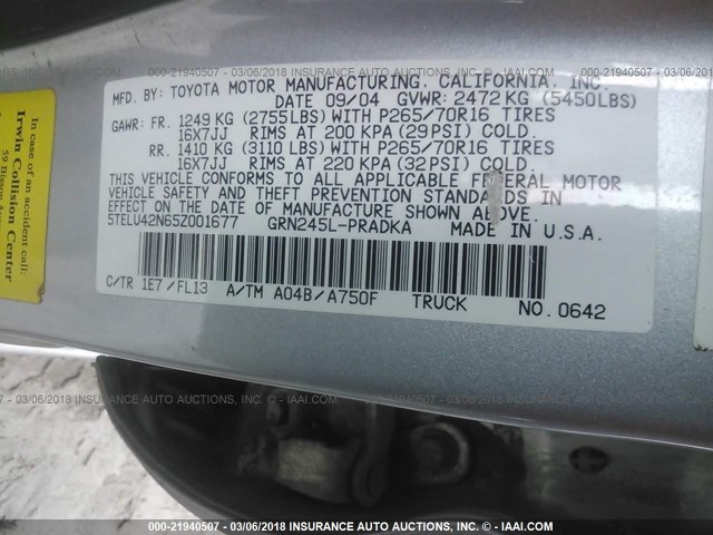 5TELU42N65Z001677 - 2005 TOYOTA TACOMA DOUBLE CAB ვერცხლისფერი ფოტო 9