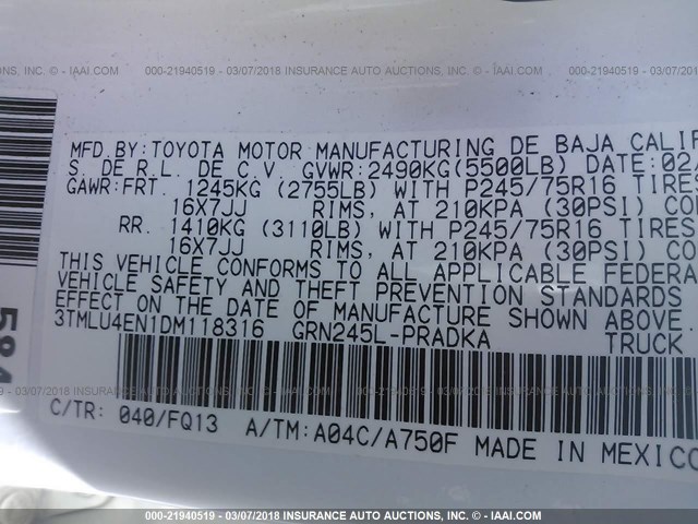 3TMLU4EN1DM118316 - 2013 TOYOTA TACOMA DOUBLE CAB თეთრი ფოტო 9