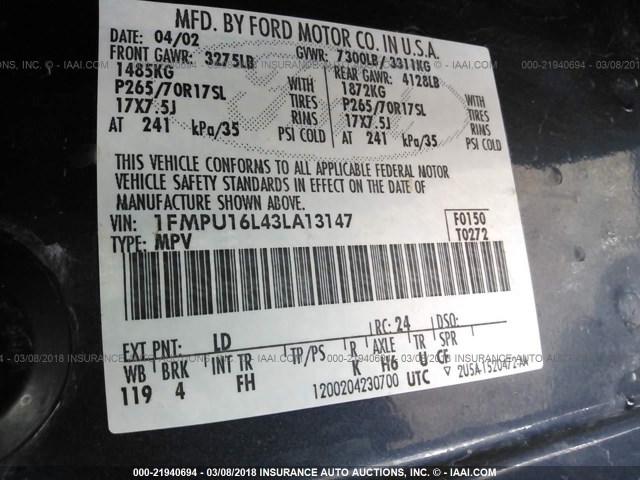 1FMPU16L43LA13147 - 2003 FORD EXPEDITION XLT ლურჯი ფოტო 9