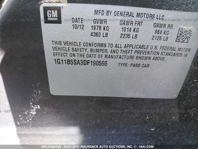 1G11B5SA3DF190566 - 2013 CHEVROLET MALIBU LS 灰色 照片 9