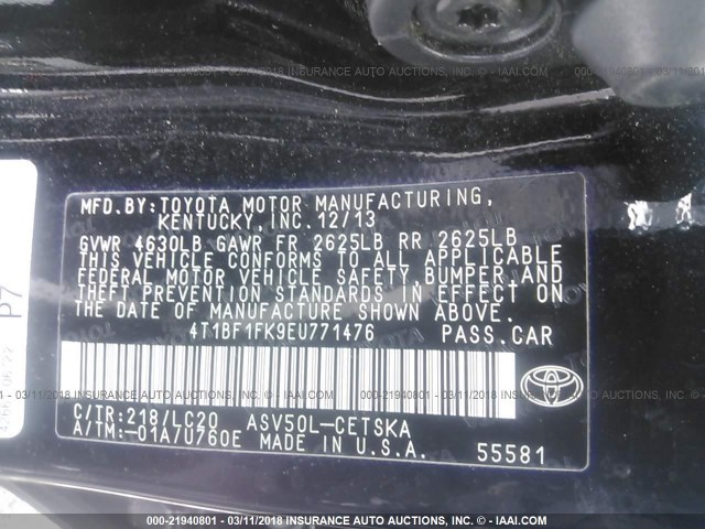 4T1BF1FK9EU771476 - 2014 TOYOTA CAMRY L/SE/LE/XLE 黑色 照片 9