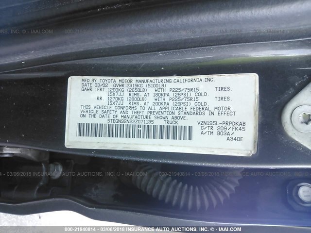 5TEGN92N22Z071135 - 2002 TOYOTA TACOMA DOUBLE CAB PRERUNNER BLACK photo 9