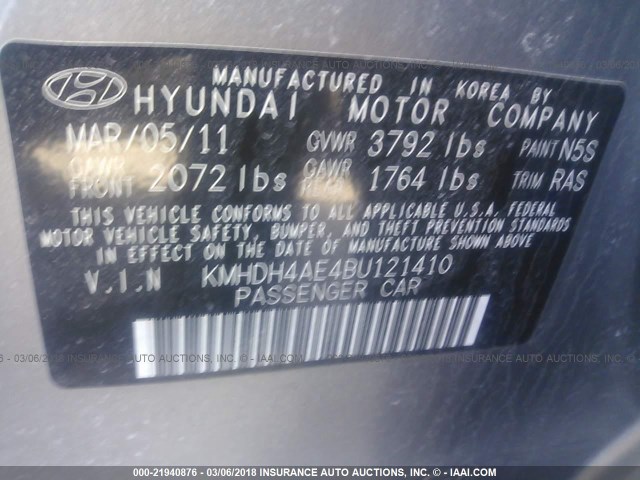 KMHDH4AE4BU121410 - 2011 HYUNDAI ELANTRA GLS/LIMITED GRAY photo 9