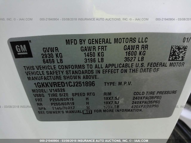 1GKKVRED1CJ251896 - 2012 GMC ACADIA SLT-1 Biały zdjęcie 9