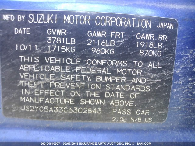 JS2YC5A33C6302843 - 2012 SUZUKI SX4 LE BLUE photo 9