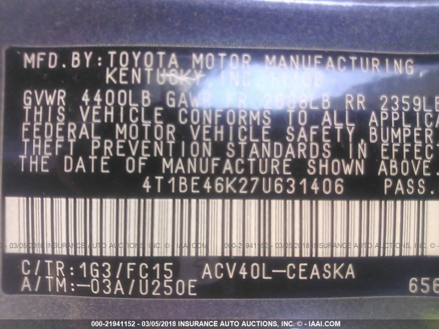 4T1BE46K27U631406 - 2007 TOYOTA CAMRY NEW GENERAT CE/LE/XLE/SE GRAY photo 9