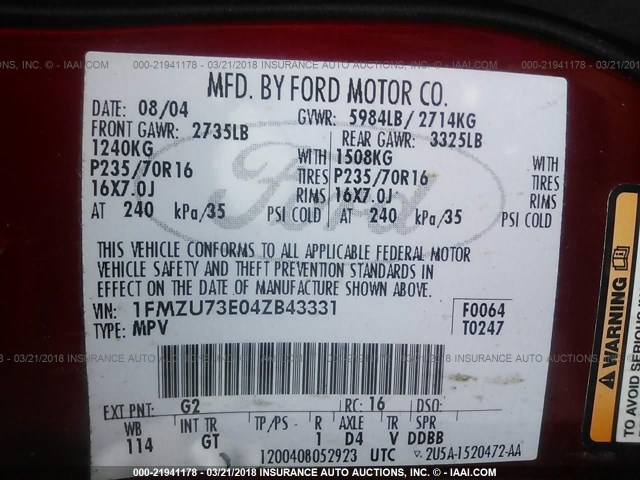 1FMZU73E04ZB43331 - 2004 FORD EXPLORER XLT/XLT SPORT/NBX RED photo 9