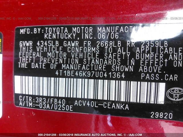 4T1BE46K97U041364 - 2007 TOYOTA CAMRY NEW GENERAT CE/LE/XLE/SE RED photo 9