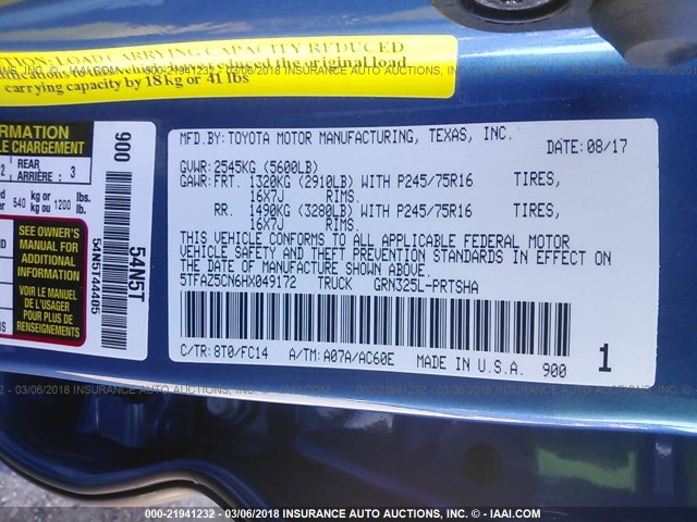 5TFAZ5CN6HX049172 - 2017 TOYOTA TACOMA DBL CAB/SR5/TRD SPORT/OR BLUE photo 9