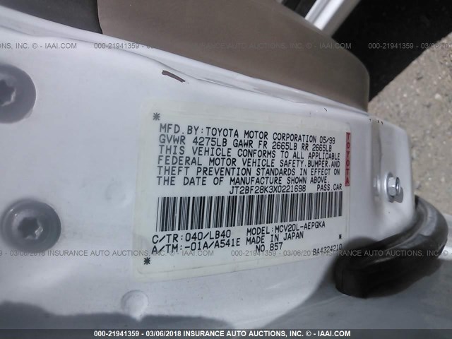JT2BF28K3X0221698 - 1999 TOYOTA CAMRY LE/XLE Ақ фото 9