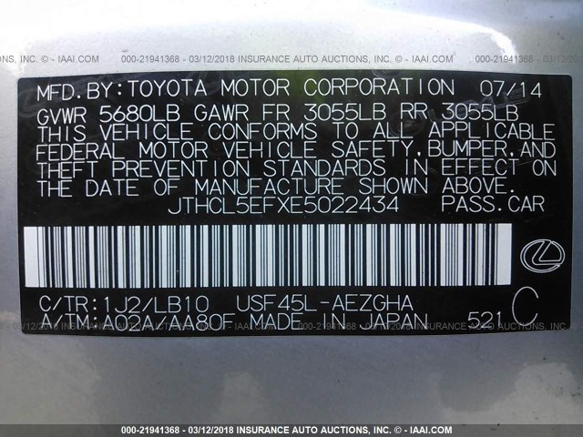 JTHCL5EFXE5022434 - 2014 LEXUS LS 460 SILVER photo 9