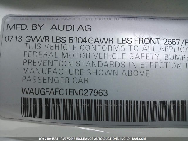 WAUGFAFC1EN027963 - 2014 AUDI A6 PREMIUM PLUS WHITE photo 9