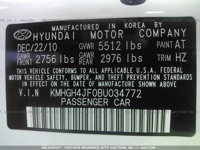 KMHGH4JF0BU034772 - 2011 HYUNDAI EQUUS SIGNATURE/ULTIMATE WHITE photo 9