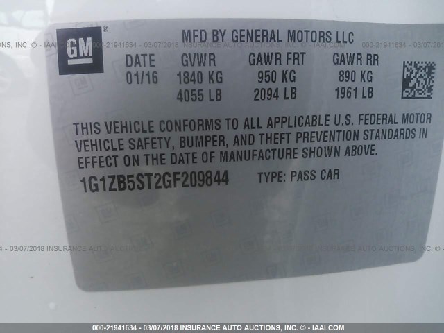 1G1ZB5ST2GF209844 - 2016 CHEVROLET MALIBU LS თეთრი ფოტო 9