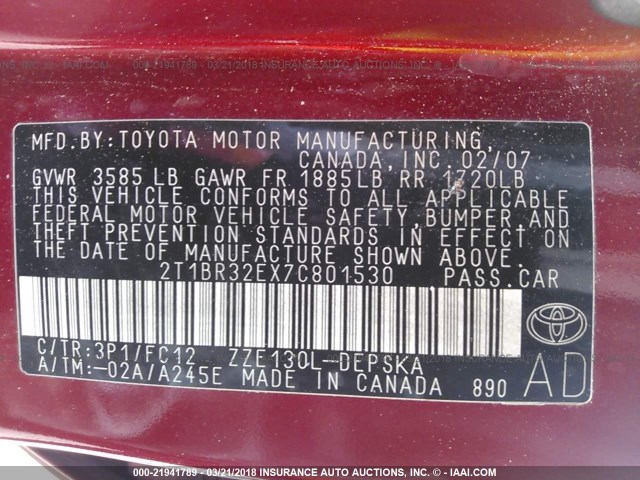 2T1BR32EX7C801530 - 2007 TOYOTA COROLLA CE/LE/S MAROON photo 9