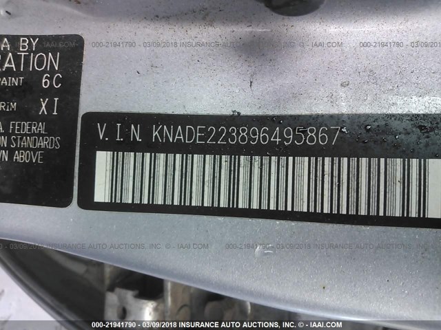 KNADE223896495867 - 2009 KIA RIO LX/SX SILVER photo 9