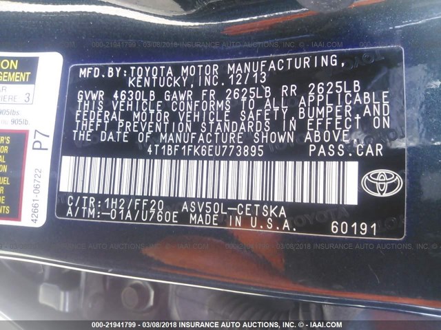 4T1BF1FK6EU773895 - 2014 TOYOTA CAMRY L/SE/LE/XLE 蓝色 照片 9