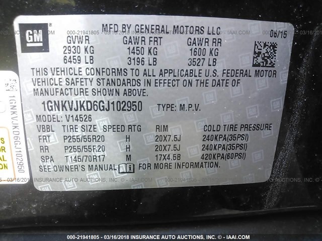 1GNKVJKD6GJ102950 - 2016 CHEVROLET TRAVERSE LTZ BLACK photo 9