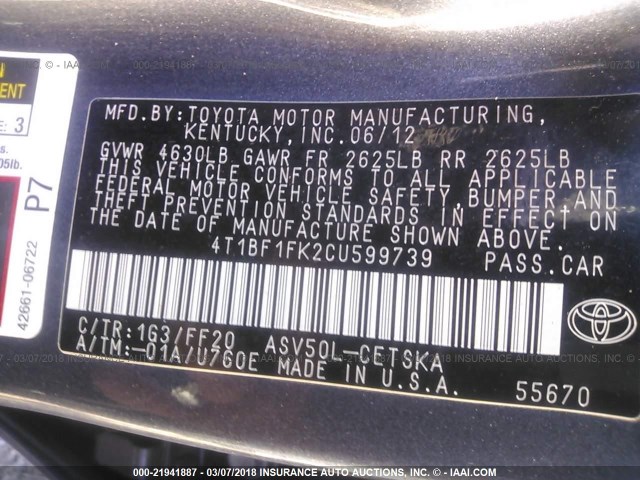 4T1BF1FK2CU599739 - 2012 TOYOTA CAMRY SE/LE/XLE GRAY photo 9