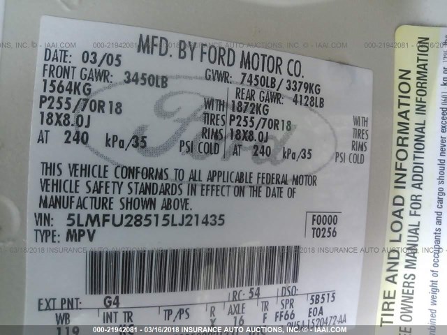 5LMFU28515LJ21435 - 2005 LINCOLN NAVIGATOR 米色 照片 9