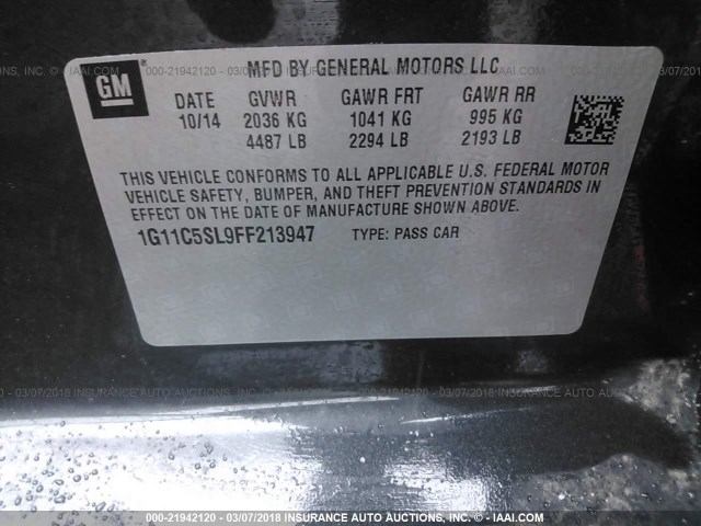 1G11C5SL9FF213947 - 2015 CHEVROLET MALIBU 1LT 灰色 照片 9