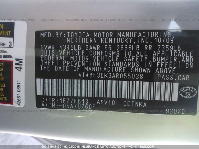 4T4BF3EK3AR055038 - 2010 TOYOTA CAMRY SE/LE/XLE 银色 照片 9