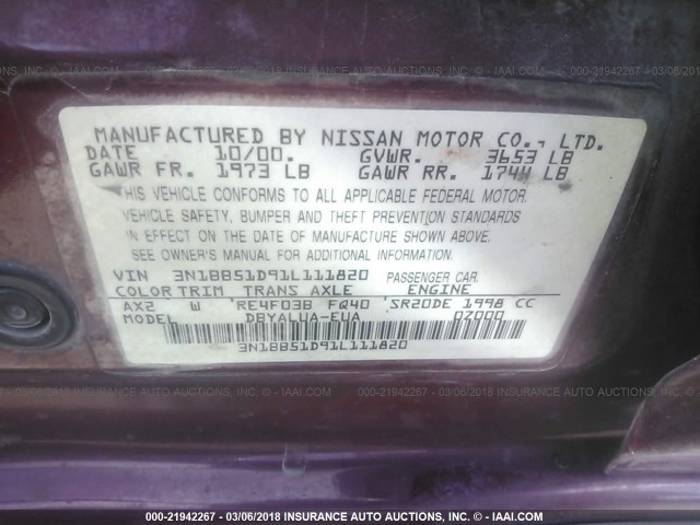 3N1BB51D91L111820 - 2001 NISSAN SENTRA SE MAROON photo 9