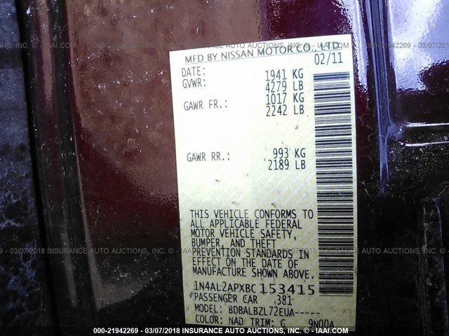 1N4AL2APXBC153415 - 2011 NISSAN ALTIMA S MAROON photo 9