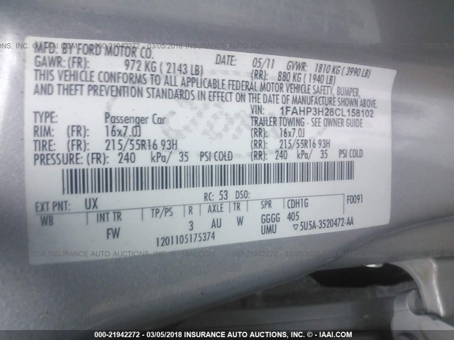 1FAHP3H28CL158102 - 2012 FORD FOCUS SEL SILVER photo 9