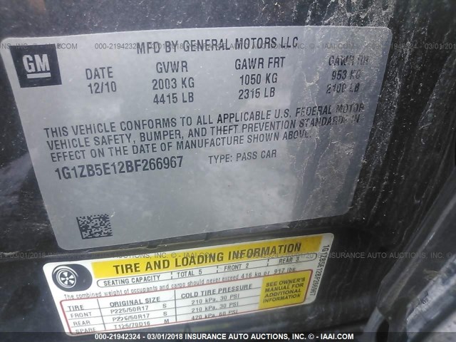 1G1ZB5E12BF266967 - 2011 CHEVROLET MALIBU LS 黑色 照片 9