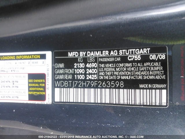 WDBTJ72H79F263598 - 2009 MERCEDES-BENZ CLK 550 GRAY photo 9