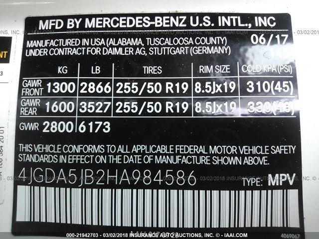 4JGDA5JB2HA984586 - 2017 MERCEDES-BENZ GLE 350 WHITE photo 9