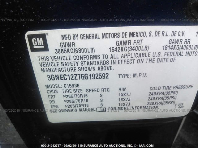 3GNEC12Z76G192592 - 2006 CHEVROLET AVALANCHE C1500 BLUE photo 9