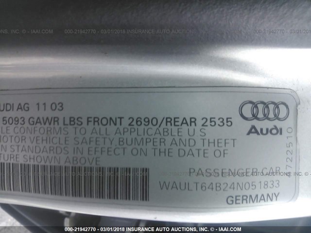 WAULT64B24N051833 - 2004 AUDI A6 3.0 QUATTRO SILVER photo 9