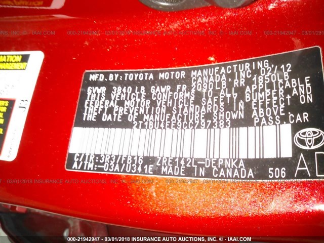 2T1BU4EE9CC797383 - 2012 TOYOTA COROLLA S/LE RED photo 9