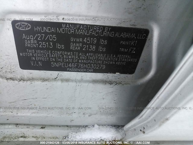 5NPEU46F76H030279 - 2006 HYUNDAI SONATA GLS/LX SILVER photo 9