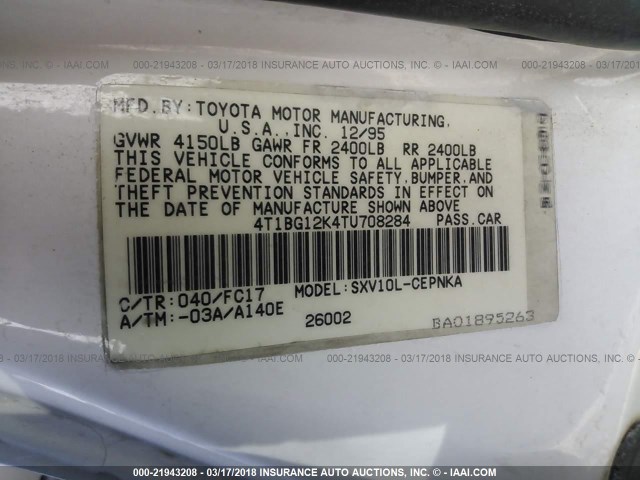 4T1BG12K4TU708284 - 1996 TOYOTA CAMRY DX/LE/XLE WHITE photo 9