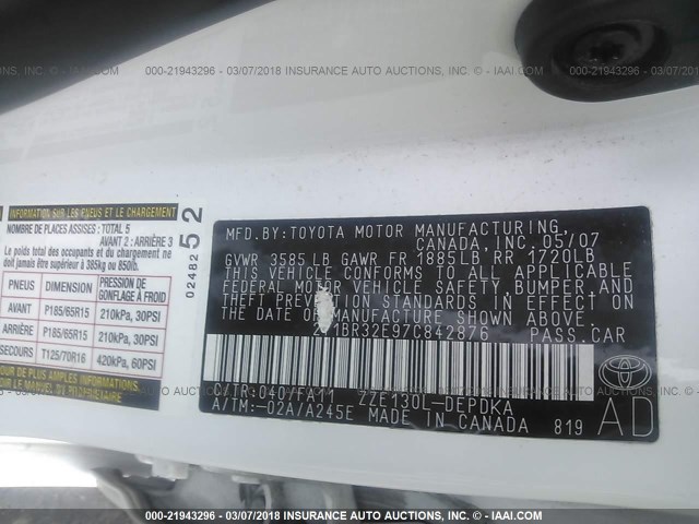 2T1BR32E97C842876 - 2007 TOYOTA COROLLA CE/LE/S WHITE photo 9