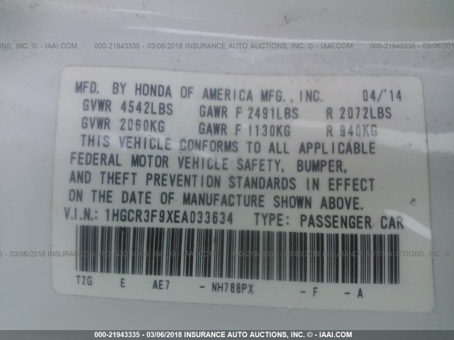 1HGCR3F9XEA033634 - 2014 HONDA ACCORD TOURING WHITE photo 9