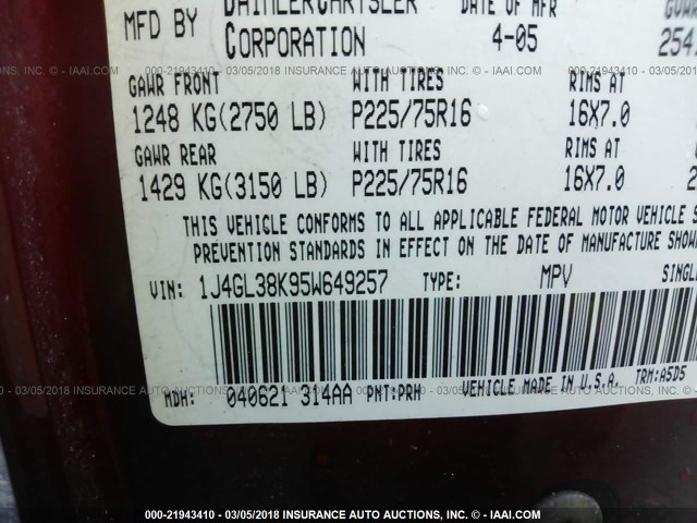 1J4GL38K95W649257 - 2005 JEEP LIBERTY RENEGADE RED photo 9