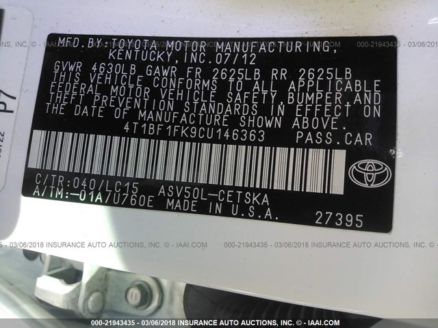 4T1BF1FK9CU146363 - 2012 TOYOTA CAMRY SE/LE/XLE WHITE photo 9