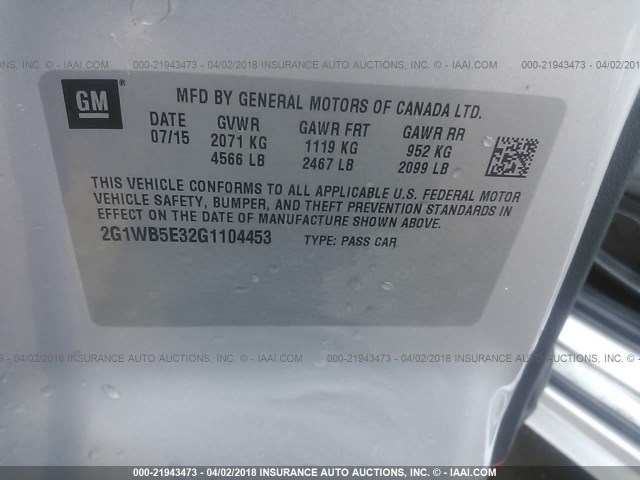 2G1WB5E32G1104453 - 2016 CHEVROLET IMPALA LIMITED LT SILVER photo 9