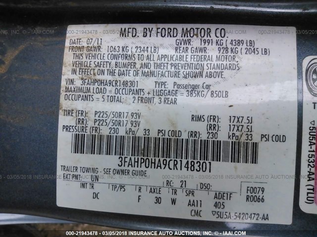 3FAHP0HA9CR148301 - 2012 FORD FUSION SE 蓝色 照片 9