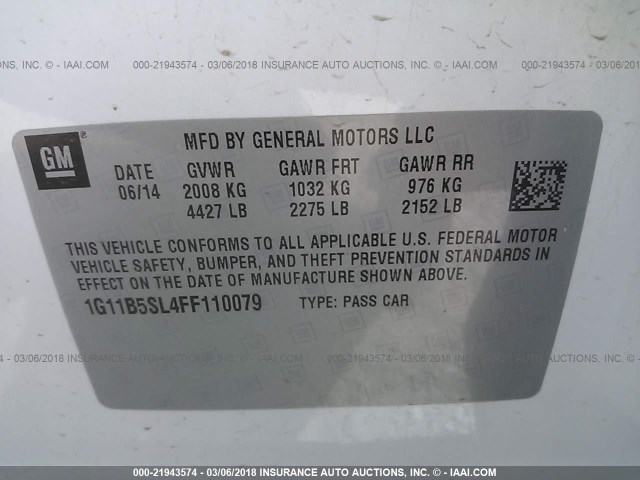 1G11B5SL4FF110079 - 2015 CHEVROLET MALIBU LS 白色 照片 9