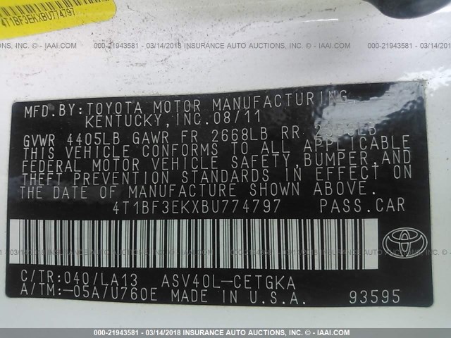 4T1BF3EKXBU774797 - 2011 TOYOTA CAMRY SE/LE/XLE Ақ фото 9