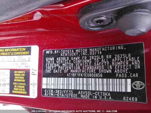 4T1BF1FK1EU800856 - 2014 TOYOTA CAMRY L/SE/LE/XLE წითელი ფოტო 9