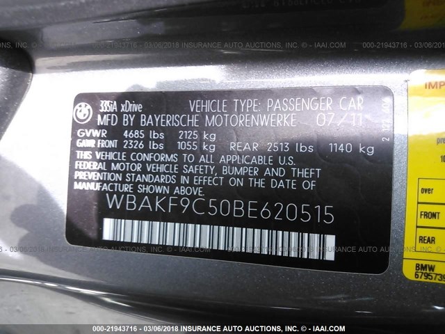 WBAKF9C50BE620515 - 2011 BMW 335 XI GRAY photo 9